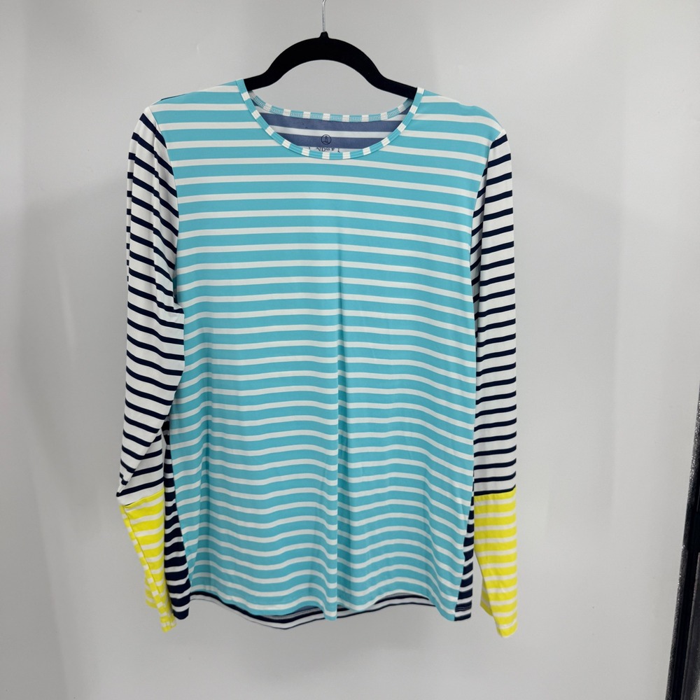 Lands' End Aqua, Navy & Yellow Striped Long Sleeve Swim Coverup